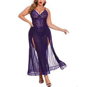 6432 Plus Size Lingerie Sexy Long Nightgowns Side Split Babydoll Dress